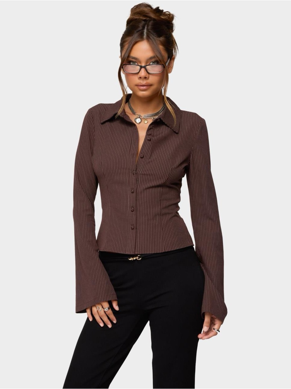 EDIKTED Tailored Chocolate Brown Striped Button-Front Shirt w/ Bell Sleeve